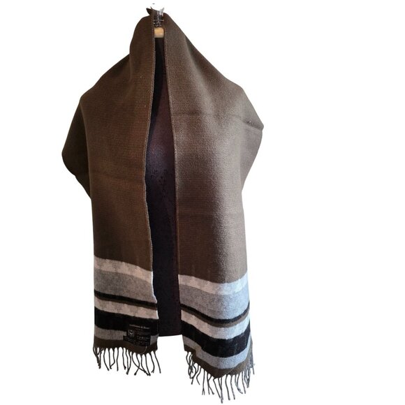 Guillaume De Mons Paris Brown Gray Striped Wool Scarf Shawl  Fringe 62"x12" - Picture 2 of 5